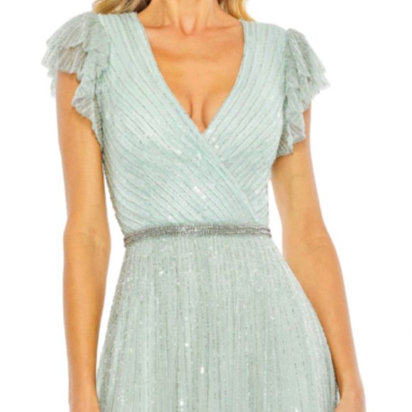 MAC DUGGAL 5502 SEQUINED WRAP OVER RUFFLED CAP SLEEVE SEAMIST GOWN sz 10 - Picture 2 of 4